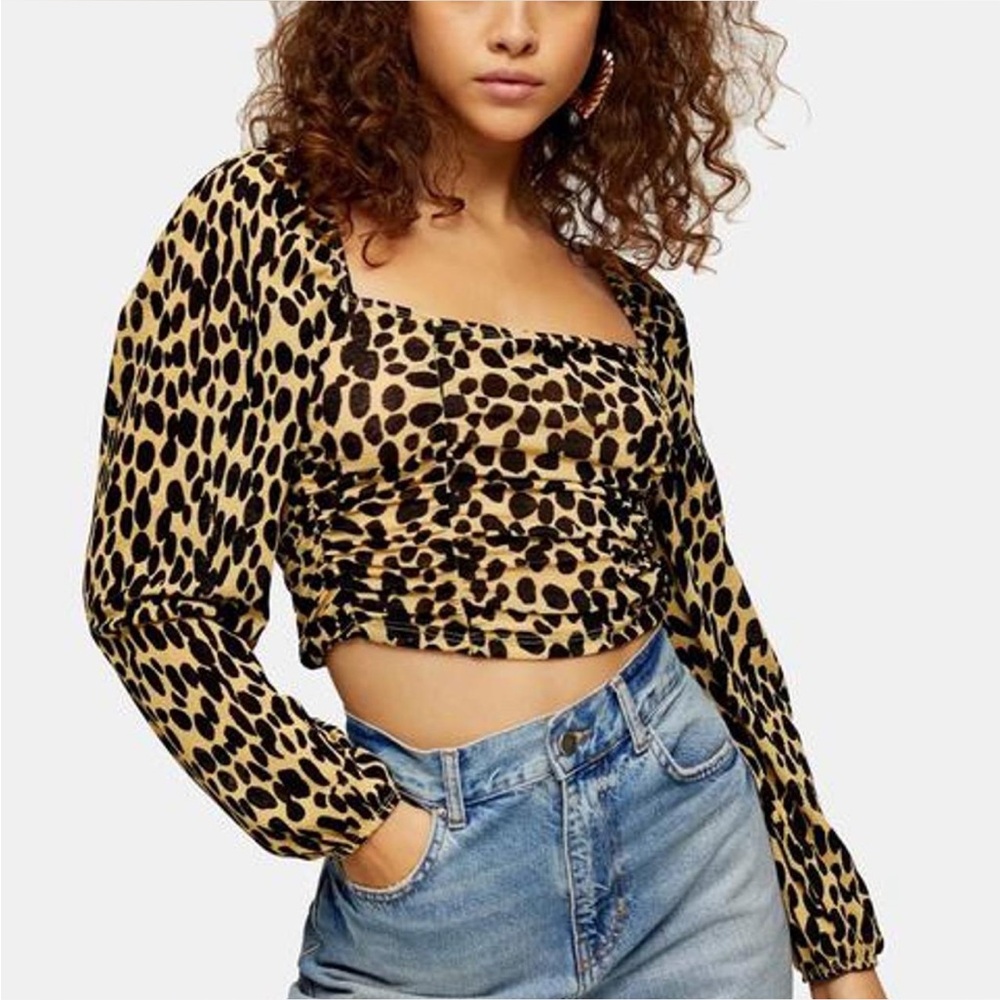 Topshop Black and Tan Ruched Ruffled Blouse